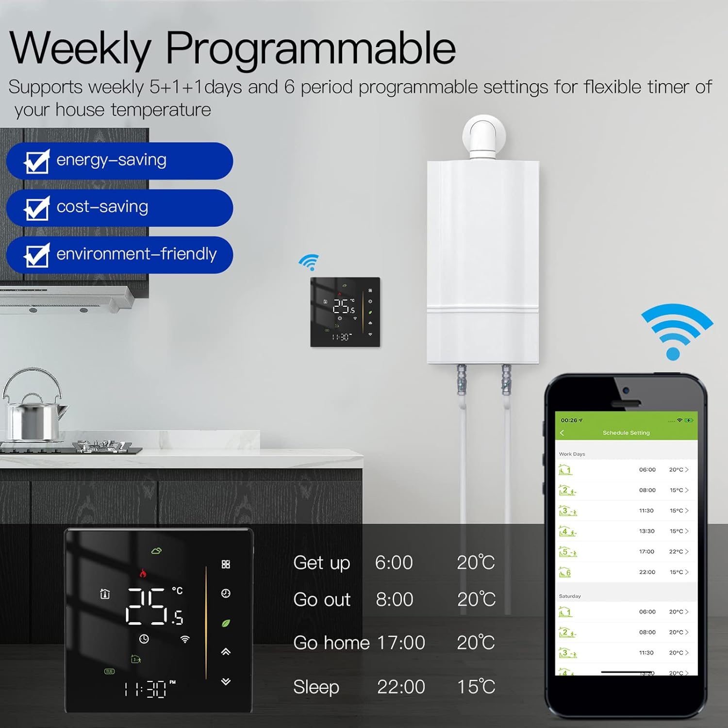 Smart Thermostat, Smart Thermostat Professional WIFI Programmable APP Control Energy Saving Flame Retardant Home Thermostat 95 to, Programmable - Image 3