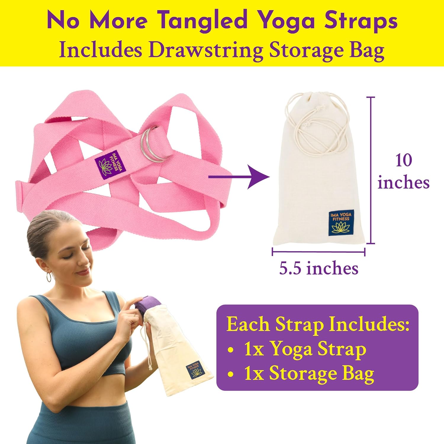 Adaptive Yoga Strap, Stretching Strap, 2 Inches Wide, 100% Naturally Soft Cotton, Steel D-Rings, Includes Natural Cotton Drawstring Storage Pouch and Instructional E-Book - Image 5