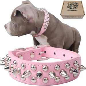 TEEMERRYCA Adjustable Leather Spiked Studded Dog Collars with a Squeak Ball Gift for Small Medium Large Pets Like Cats/Pit Bull/Bulldog/Pugs/Husky, Pink, L(15″-18.5″)