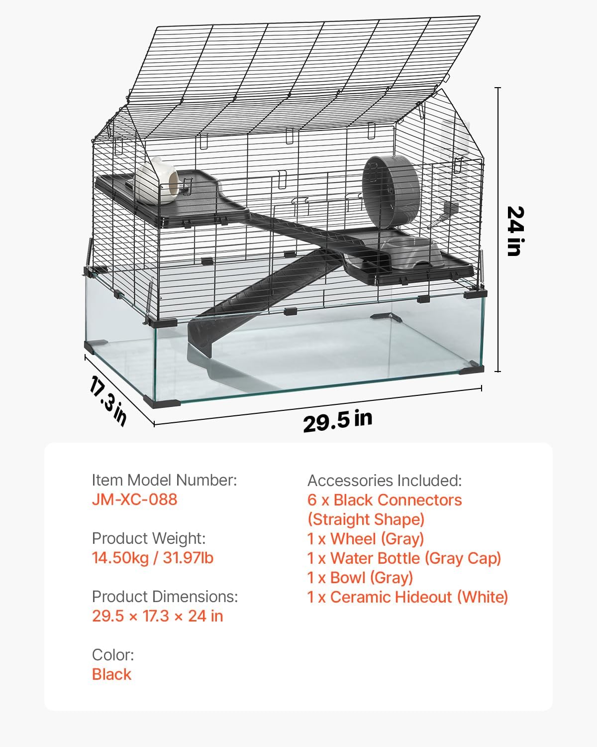 VEVOR Hamster Cage, 360° Viewing Transparent Hamster Habitats, Small Animal Cage, 29.5 x 17.3 x 24 in, Ventilated Pet Mouse Cages with Water Bottle, Portable Hamster House for Rats, Guinea Pigs - Image 7