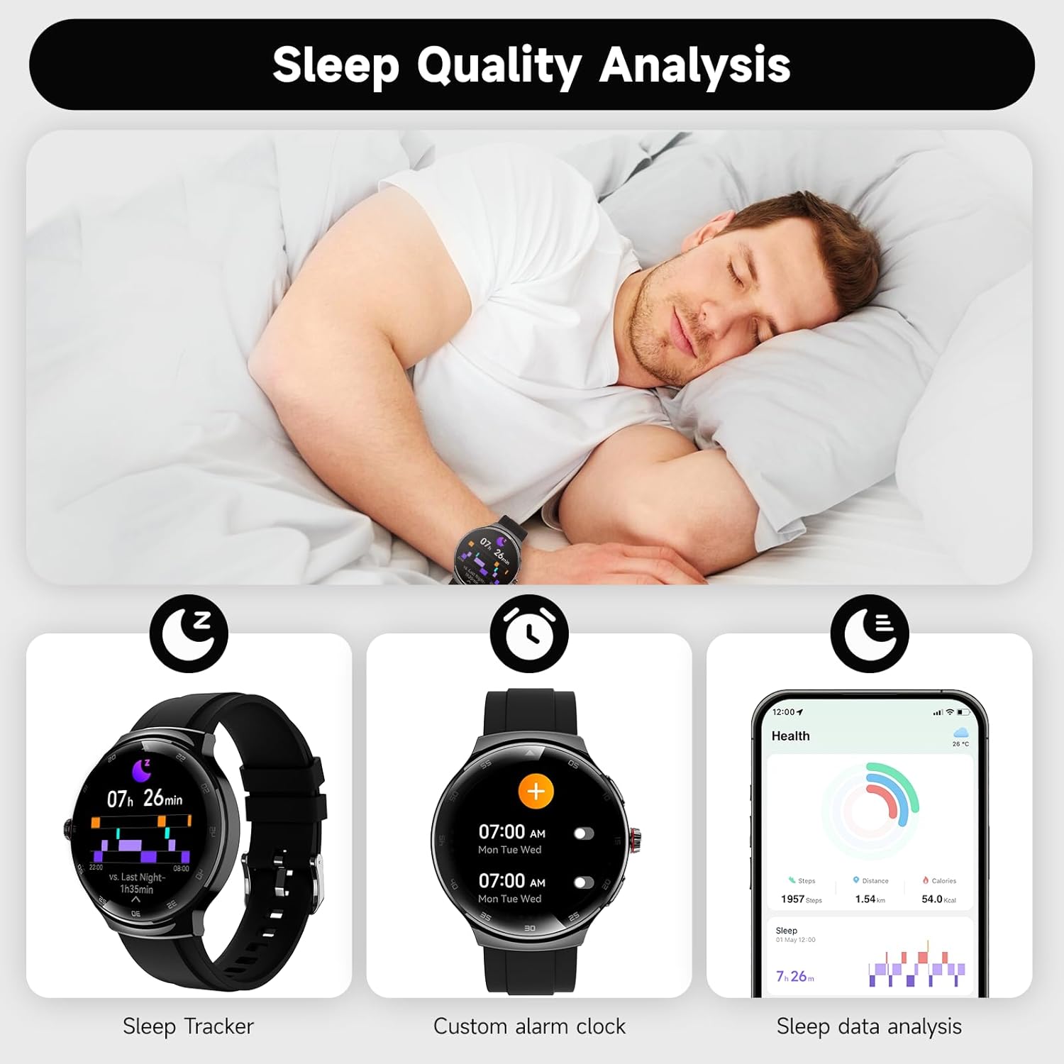 Smart Watches for Men Women, 1.43'' AMOLED Touchscreen Smartwatch for Android & iPhone, 150+ Sports Modes, Waterproof Fitness Tracker, Heart Rate/SpO2/Stress/Sleep Monitor, 2 Bands, Black - Image 6
