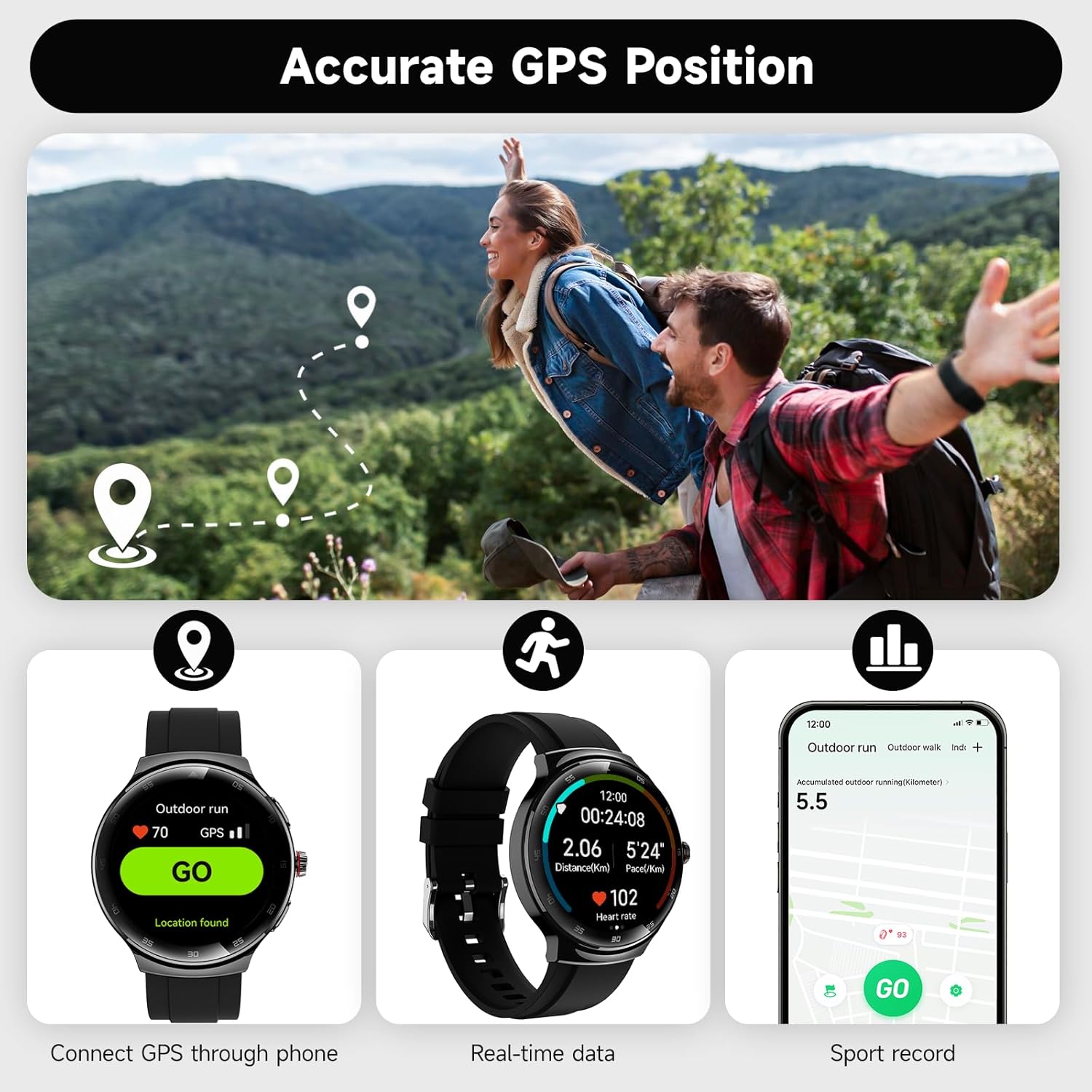 Smart Watches for Men Women, 1.43'' AMOLED Touchscreen Smartwatch for Android & iPhone, 150+ Sports Modes, Waterproof Fitness Tracker, Heart Rate/SpO2/Stress/Sleep Monitor, 2 Bands, Black - Image 8