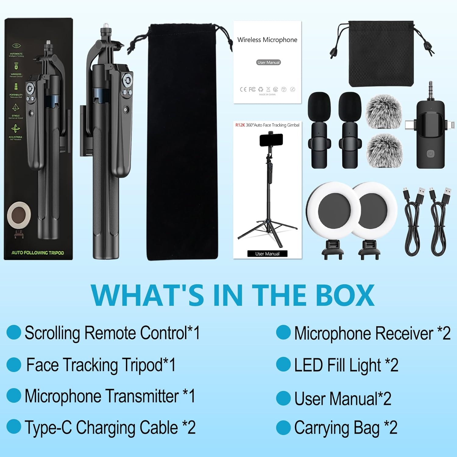 71" Content Creator Essentials Vlogging Kit - 2 Lights & 2 Mics, 360° Rotating Auto Face Tracking Tripod for iPhone/Android/Camera with Wireless Remote, No App for Vlog, Live, Video Record - Image 8