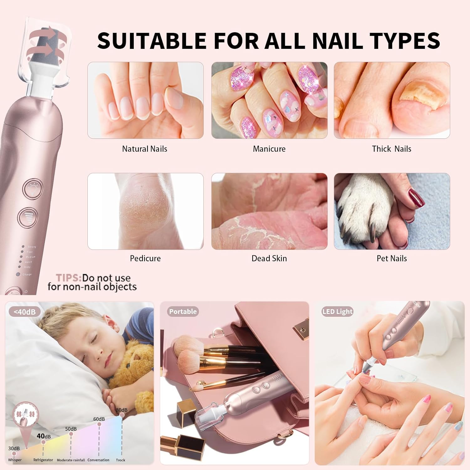 Manicure Pedicure Kit with Case, Professional Nail Grinder for Senior Thick Toenail, Cordless Electric Nail File, 5 Speeds Pedicure Tools for feet Callus Remover, Nail Drill for Women Hand Feet Care - Image 5