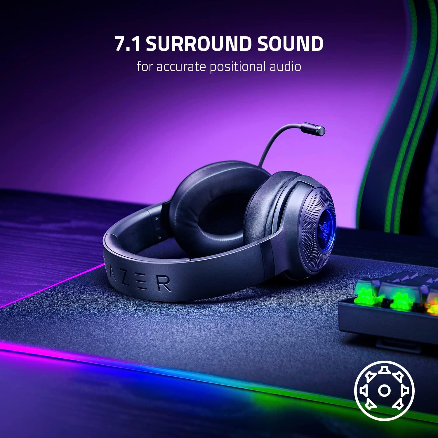 Razer Kraken V3 X Wired USB Gaming Headset: Lightweight Build - Triforce 40mm Drivers - HyperClear Cardioid Mic - 7.1 Surround Sound - Chroma RGB Lighting - Black - Image 6