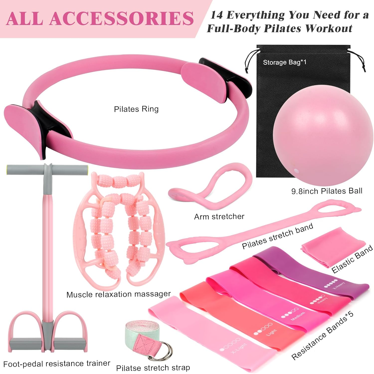 Home Pilates Essentials Kit for Women, Complete 13-in-1 Pilates Equipment Ring and Ball Set with 5 TPE Resistance Bands, Ankle Weights, 8-Shaped Pull Band, Stretch Strap and Waterproof Bag - Image 8