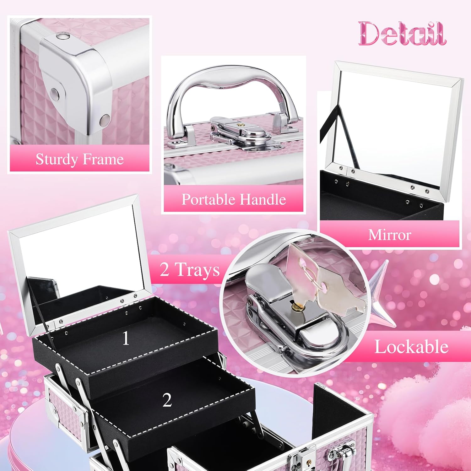 Joligrace Makeup Case Portable Makeup Box Travel Train Case Cosmetic Case Organizer with 2 trays Mirror Locking Make Up Storage Vanity Craft Nail Case Traveling Cosmetic Box for Girls Pink - Image 3