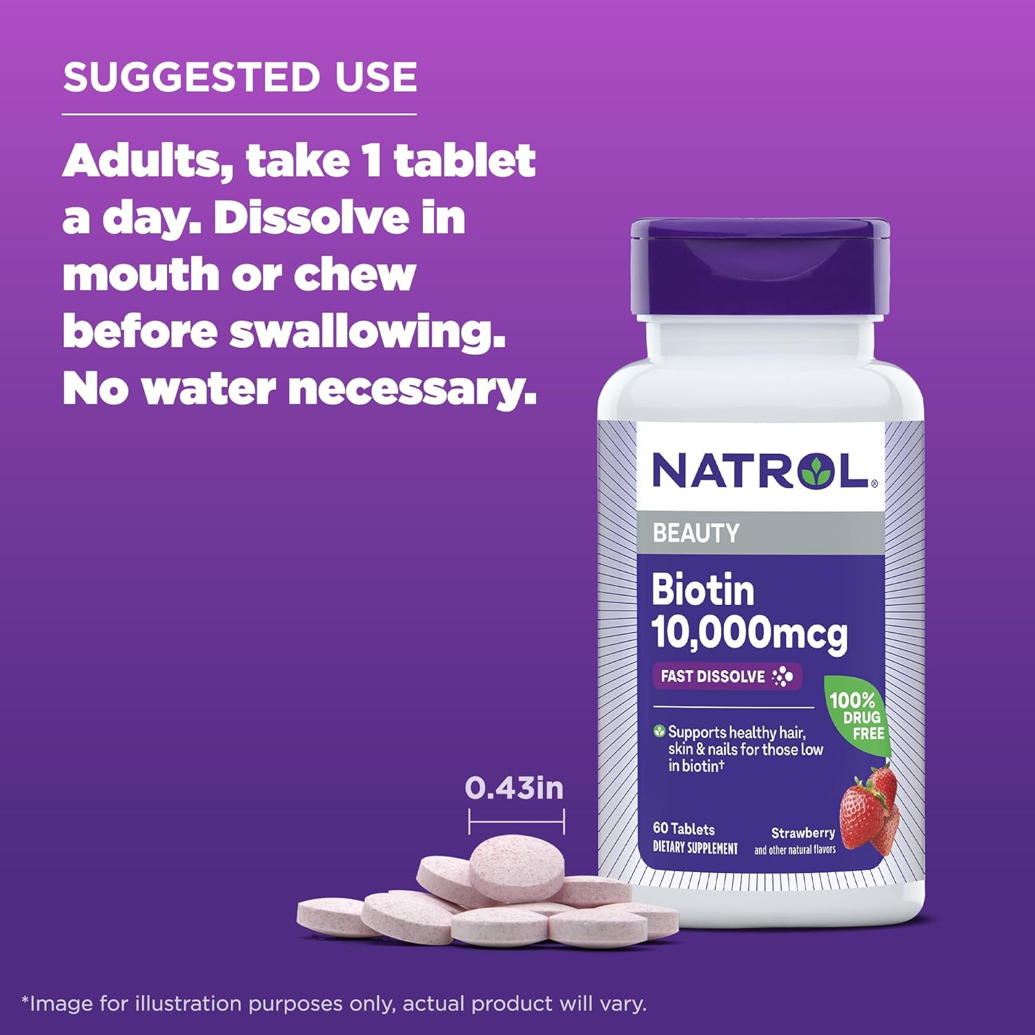 Natrol Biotin 10000mcg, 4X Faster Dissolve Supplement for Healthy Hair, Skin and Nails for Those Low in Biotin, Plus Energy Metabolism Support, 60 Tablets, Up to a 60 Day Supply - Image 6