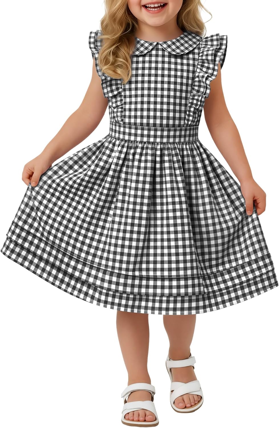 Yooo's Vivi Toddler Girls' Dress Gingham Midi Baby Plaid Dress Ruffle Sleeves Doll Collar Summer Outfits with Zipper 18M-5T