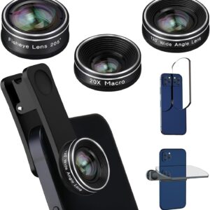 Phone Camera Lens, 198 Fisheye Lens + 120 Super Wide-Angle Lens + 20x Macro Lenses Camera Photography Accessories kit Gadgets for iPhone Samsung Android Smartphone