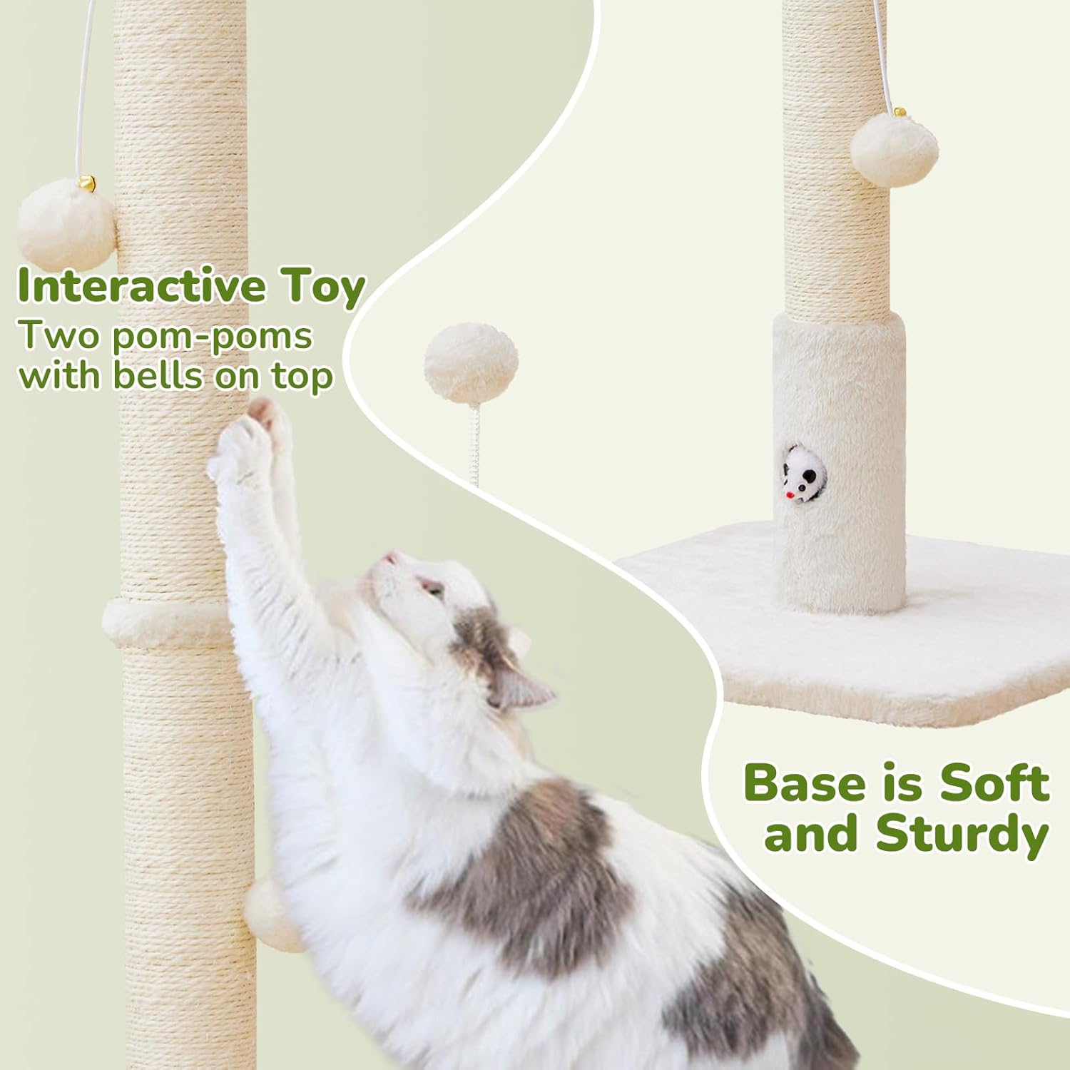 Woochpet Cat Scratching Posts 33" for Adults Cats, Cat Scratcher with Soft Fabric Covering Base and Durable Sisal Rope, Scratcher with Fun Mouse Hole and Cat Toy for Tall Cats (White) - Image 4