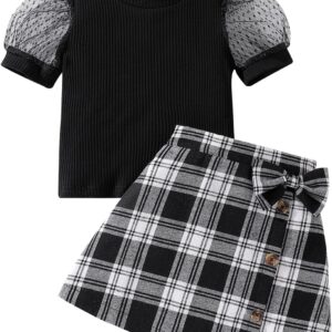 Girls’ Skirt Sets Summer Puff Sleeves T-shirt and Bow Plaid Skirts Cute 2 Peice Outfit 3T-8Y