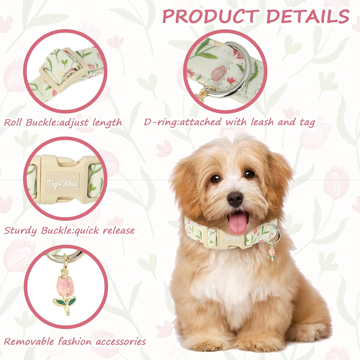 Dog Collar with Tulip Patterns, Spring Summer Collection Dog Collar with Exquisite Pendant, Durable Adjustable Collars for Gifts & Daily Use-S - Image 3