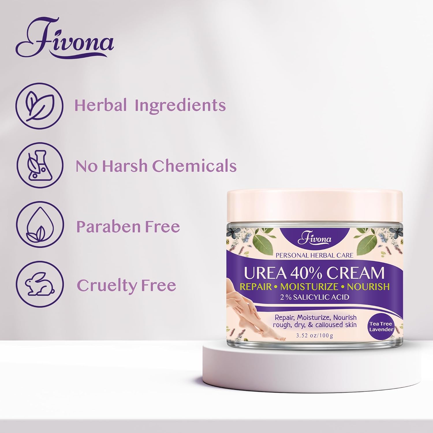 FIVONA 40% Urea Foot Cream for Dry Cracked Heels - Extra Strength Callus Softening Cream with 2% Salicylic Acid, Tea Tree & Lavender, 100g (3.5 oz) - Image 8