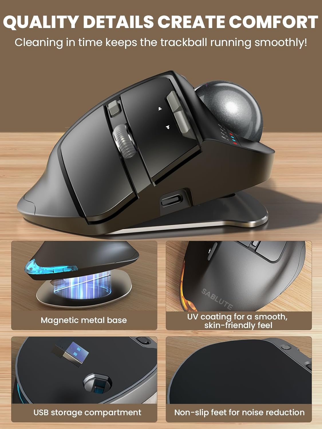 SABLUTE MAM1 Pro Ergonomic Wireless Trackball Mouse, Adjustable 0°/18° Angle, Thumb Control, Quiet Clicks, 3 Multi-Device Bluetooth & USB Receiver, Rechargeable Mouse for Office, Windows Mac - Image 6