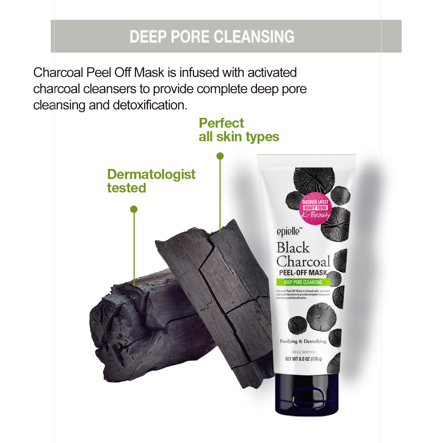 Epielle Black Charcoal Peel Off Face Mask | Deep Pore Cleansing with Activated Charcoal | Detoxifying and Purifying Blackhead Remover Mask | 6.0 fl oz | 2 Bulk Pack - Image 4