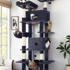 Globlazer Heavy Duty Cat Tree Tower 80in Tall Extra Large Cat Tree Tower for Multiple Indoor Cats Large Adult with Scratching Posts, 2 Spacious Condos, Padded Perches, Soft Hammock, S80B, Dark Grey