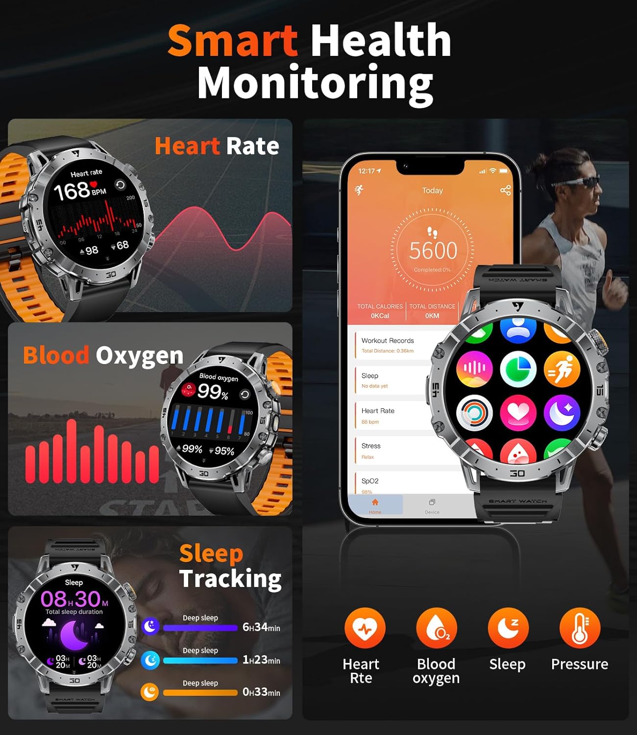 Military Smart Watch for Men(3 Bands),1000mAh /1.7" HD Large Display Smart Watches with LED Flashlight for Android iOS (Call Answer/Calls)Fitness Tracker with Heart Rate/Sleep Tracking/IP68 Waterproof - Image 4