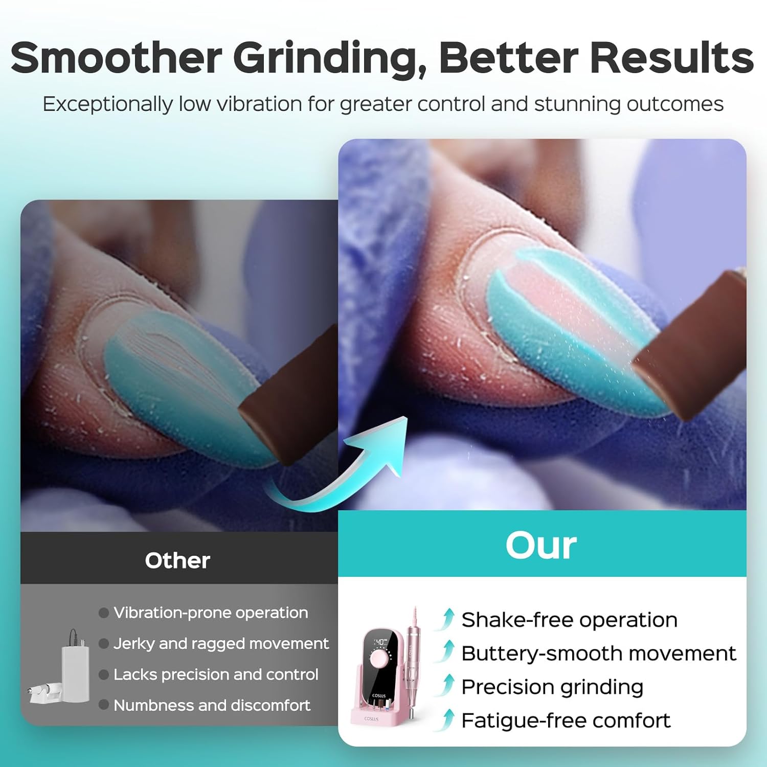 COSLUS E51 Electric Nail Drill Professional: 40000 RPM Rechargeable Nail File with Stand for Acrylic Nails, Stable & Smooth Grinding, Easy to Use, Ideal for Women Beginners, Home DIY and Salon Pink - Image 2