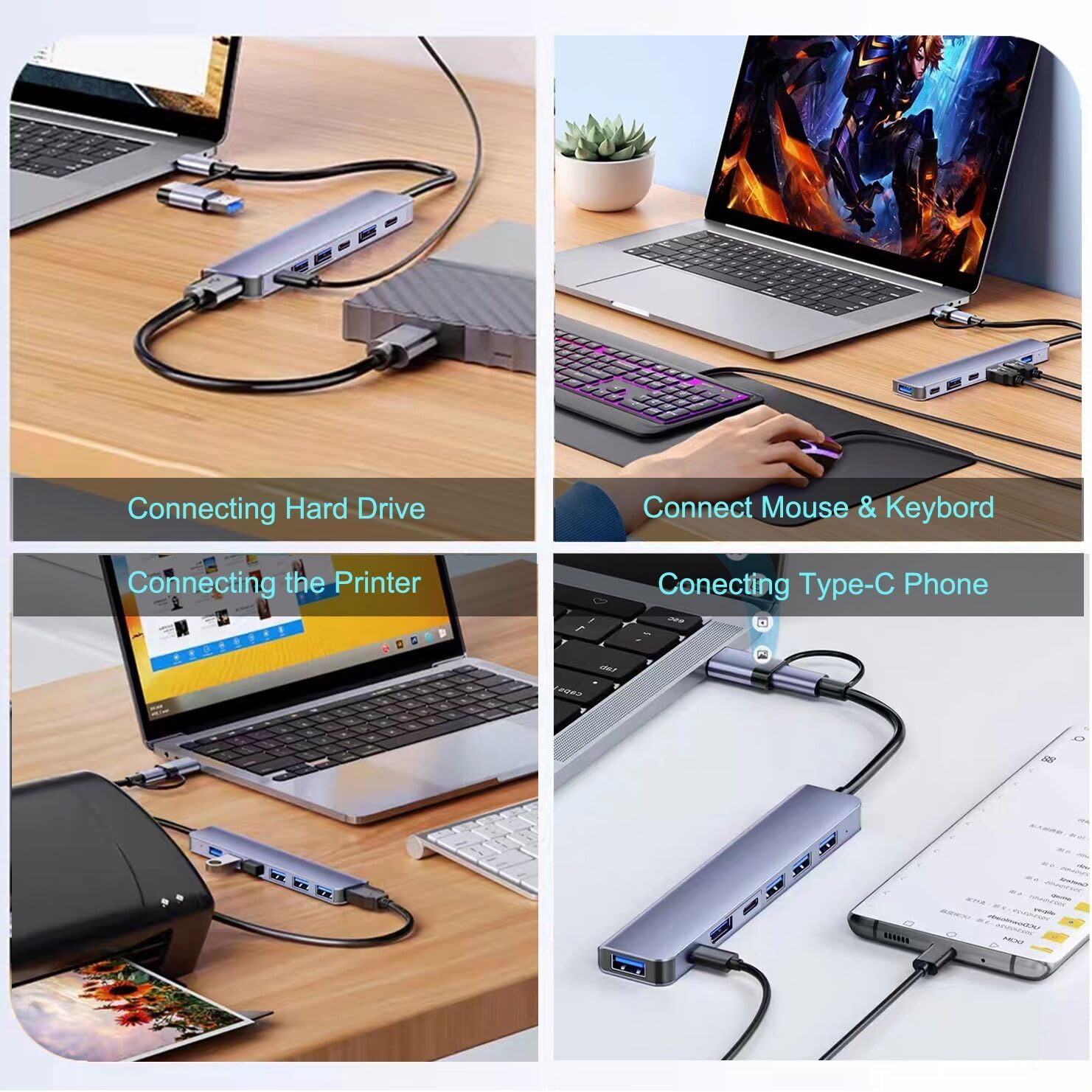 VIENON Aluminum USB C & USB Hub 7-in-1 with USB 3.0, USB-C Ports for PC/Laptops/MacBook Pro/Air/iMac/iPad and More Devices - Image 6
