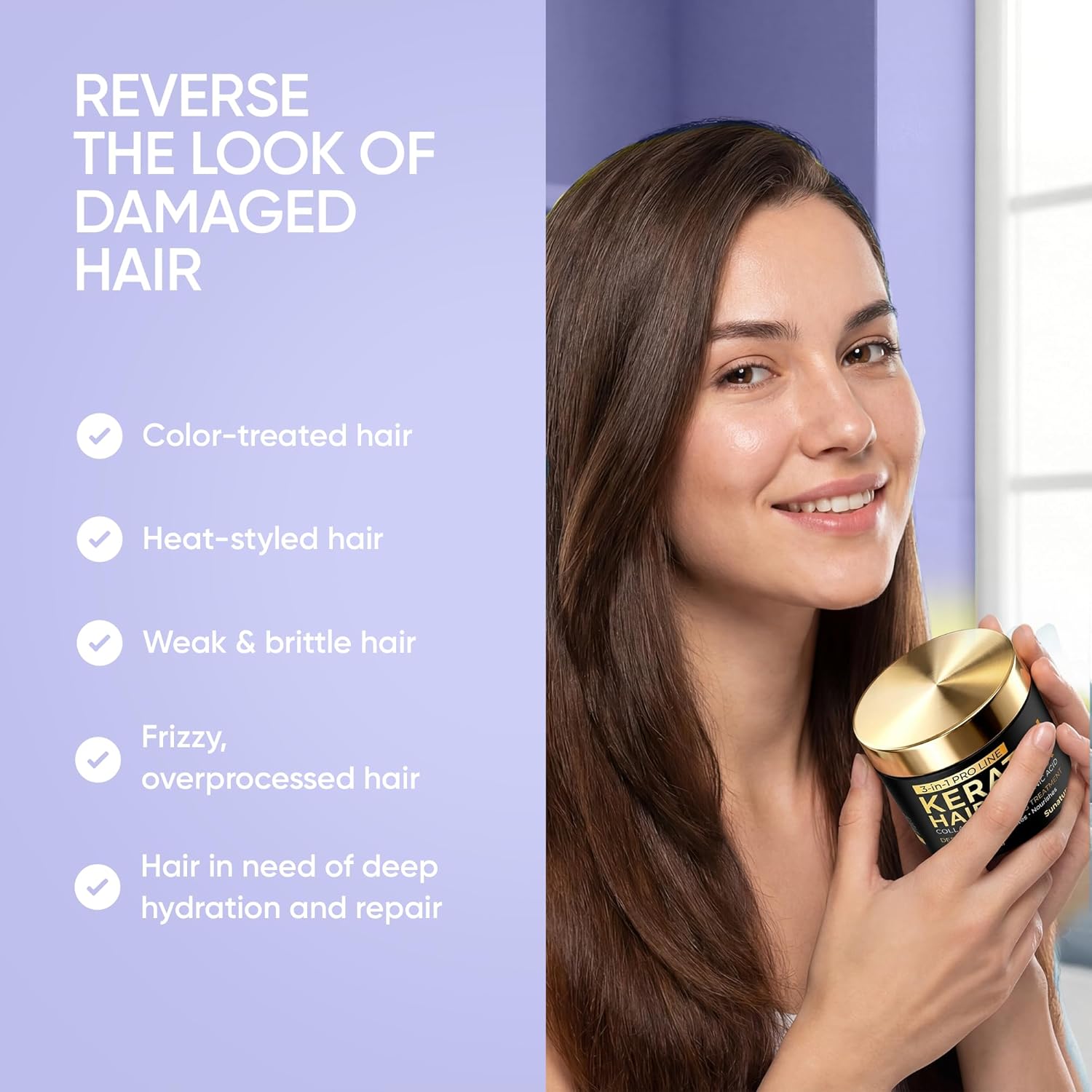 SUNATORIA Keratin Hair Mask - Deep Repair for Dry, Damaged Hair - Hydrolyzed Keratin, Hyaluronic Acid, Argan Oil and Collagen - Sulfate-Free, Paraben-Free| 8.5 fl oz - Image 7