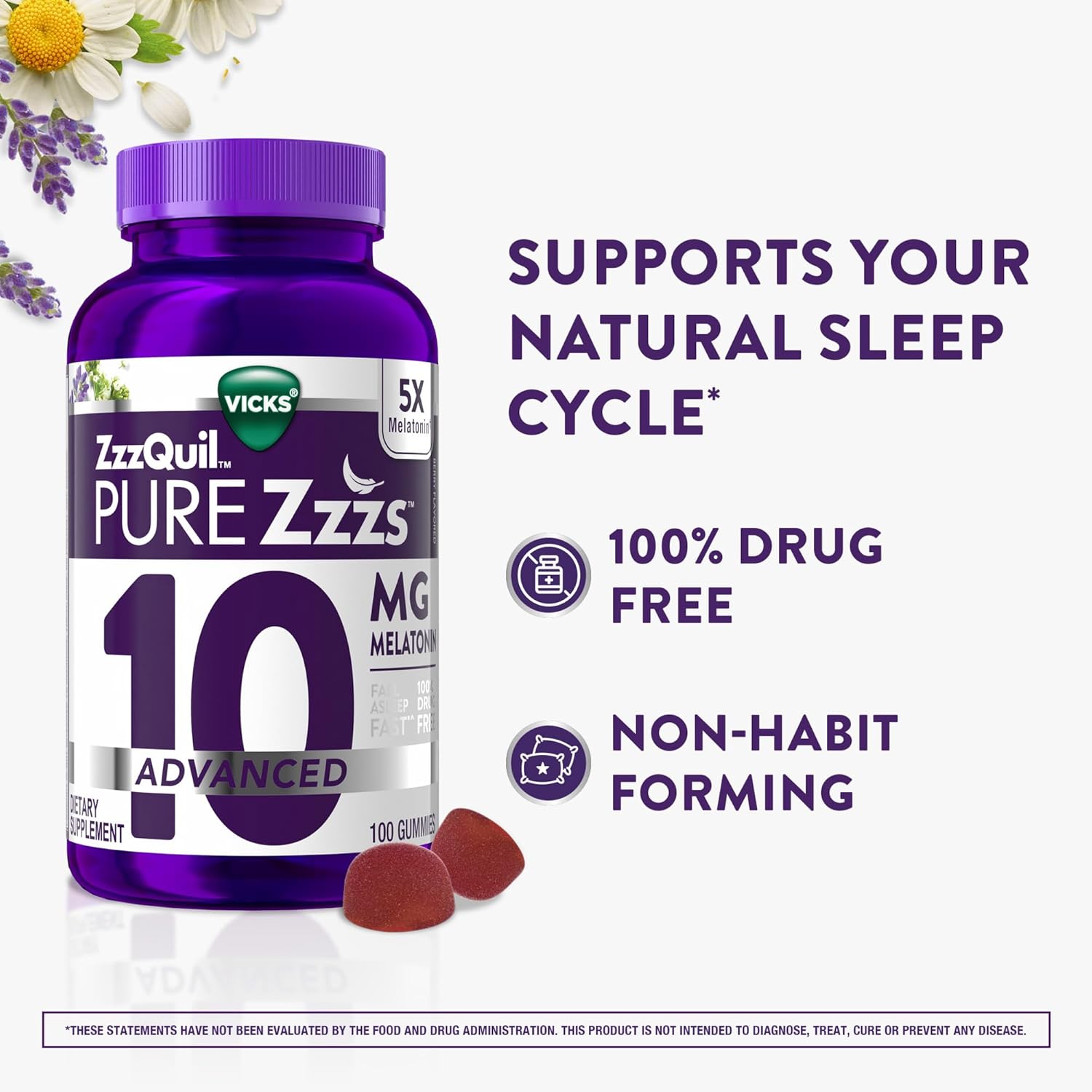 ZzzQuil Pure Zzzs Advanced Melatonin Gummies, Melatonin 10mg, Sleep Aid, with Chamomile & Lavender, Melatonin Sleep Gummies, Sleep Aids for Adults, Berry Flavored, 100 Sleep Gummies - Image 3