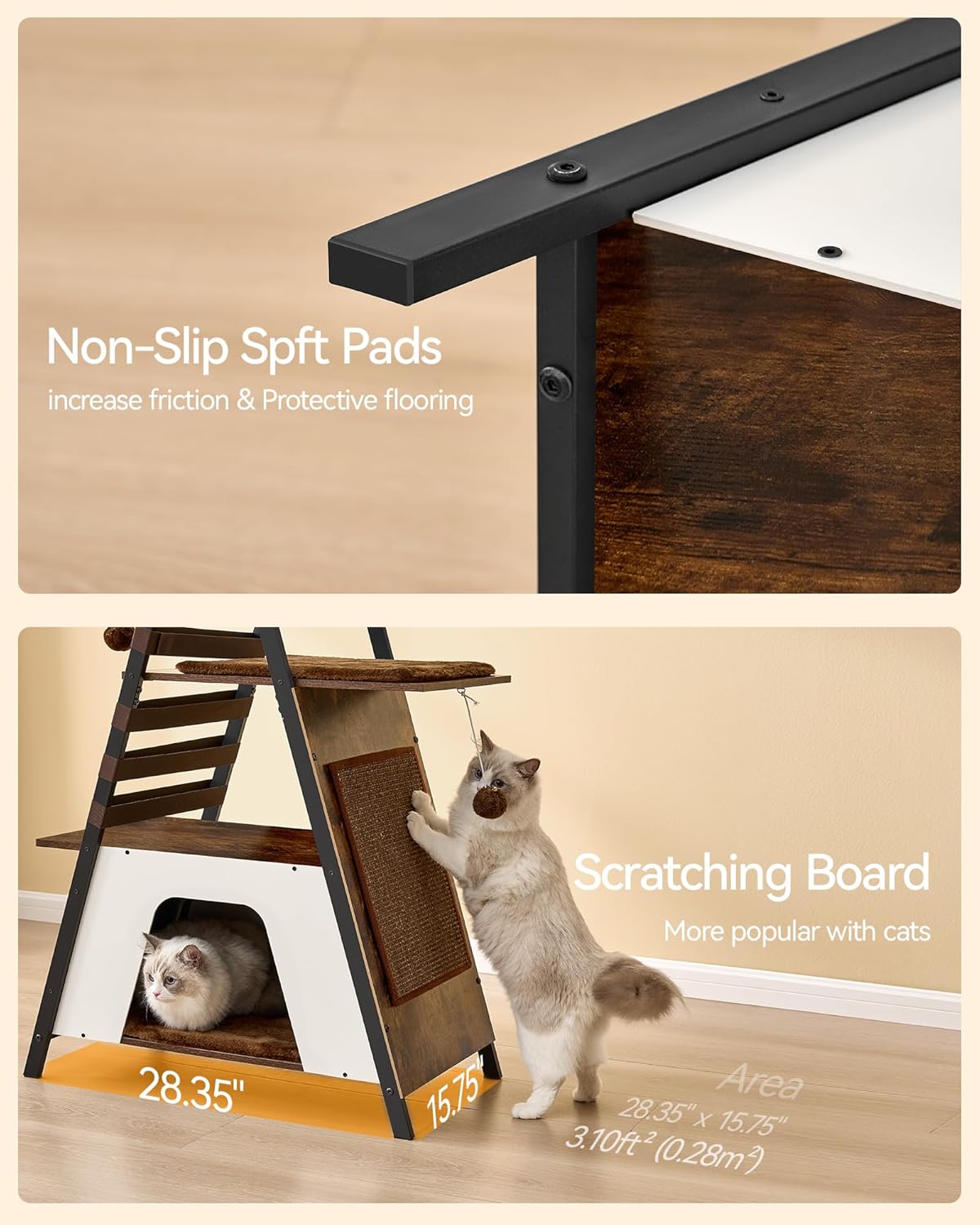 FourFurPets 72.4" Modern Cat Tower for Indoor Cats - Multi-Level Condo With Caves, Tall Tree With Scratching Board, Wooden Tower With Large Perch, Removable Pads, Rustic Brown - Image 9