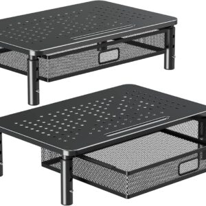 ELIVED 2 Pack Monitor Stand Riser with Drawer, 3 Height Adjustable with Larger Storage Space for Home and Office Supplies, Metal Desktop Stand for Laptop Computer Printer PC iMac