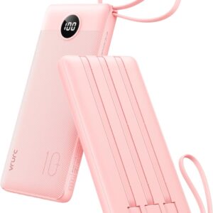 VRURC Portable Charger Power Bank, 10000mAh Travel Essentials Battery Pack, Compact USB C Charging Bank Built-in Cables Cords Compatible with iPhone 17 Pro 17 16 15 14 13,Samsung-Pink(1 Pack)