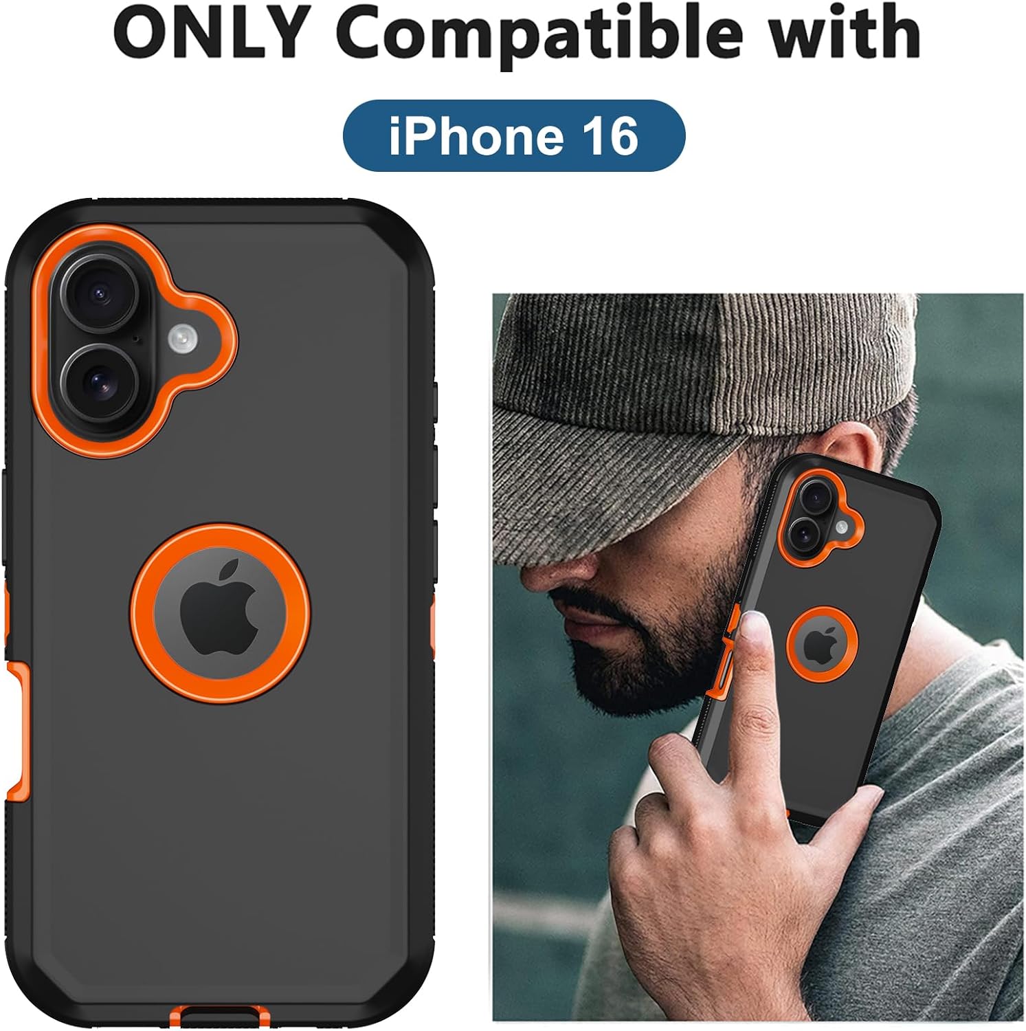 for iPhone 16 Case, with 2 Screen Protector Heavy Duty Drop Protection, Full Body 3 Layer Rugged Shockproof Dust-Proof Tough Protective Phone Cover for Apple iPhone 16 (Black/Orange) - Image 2