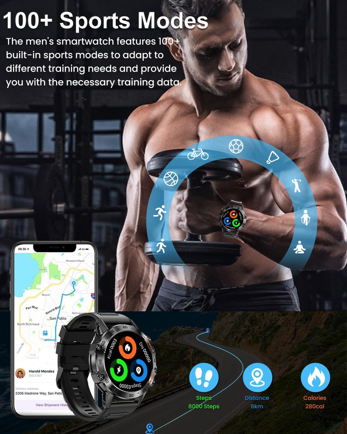 Military Smart Watches for Men(Answer/Make Call), Tactical Smartwatch for Android iOS, 400mAh Battery/Sports Tracking/Health/Sleep Monitoring - Image 4