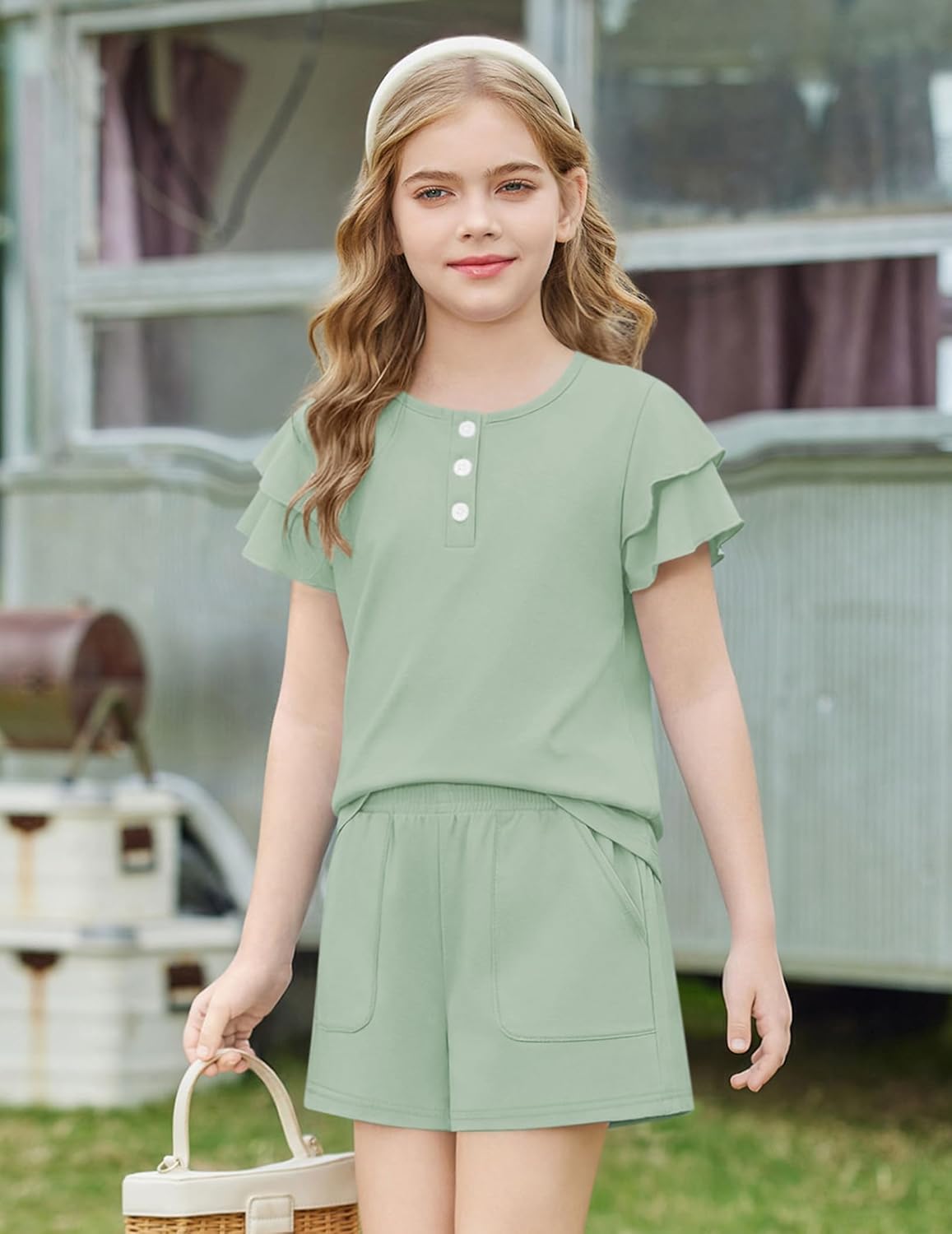 Arshiner Girls Summer Outfits 2 Piece Sets Ruffle Short Sleeve Button Down Shirts and Shorts Set Kids Clothes with Pockets - Image 3