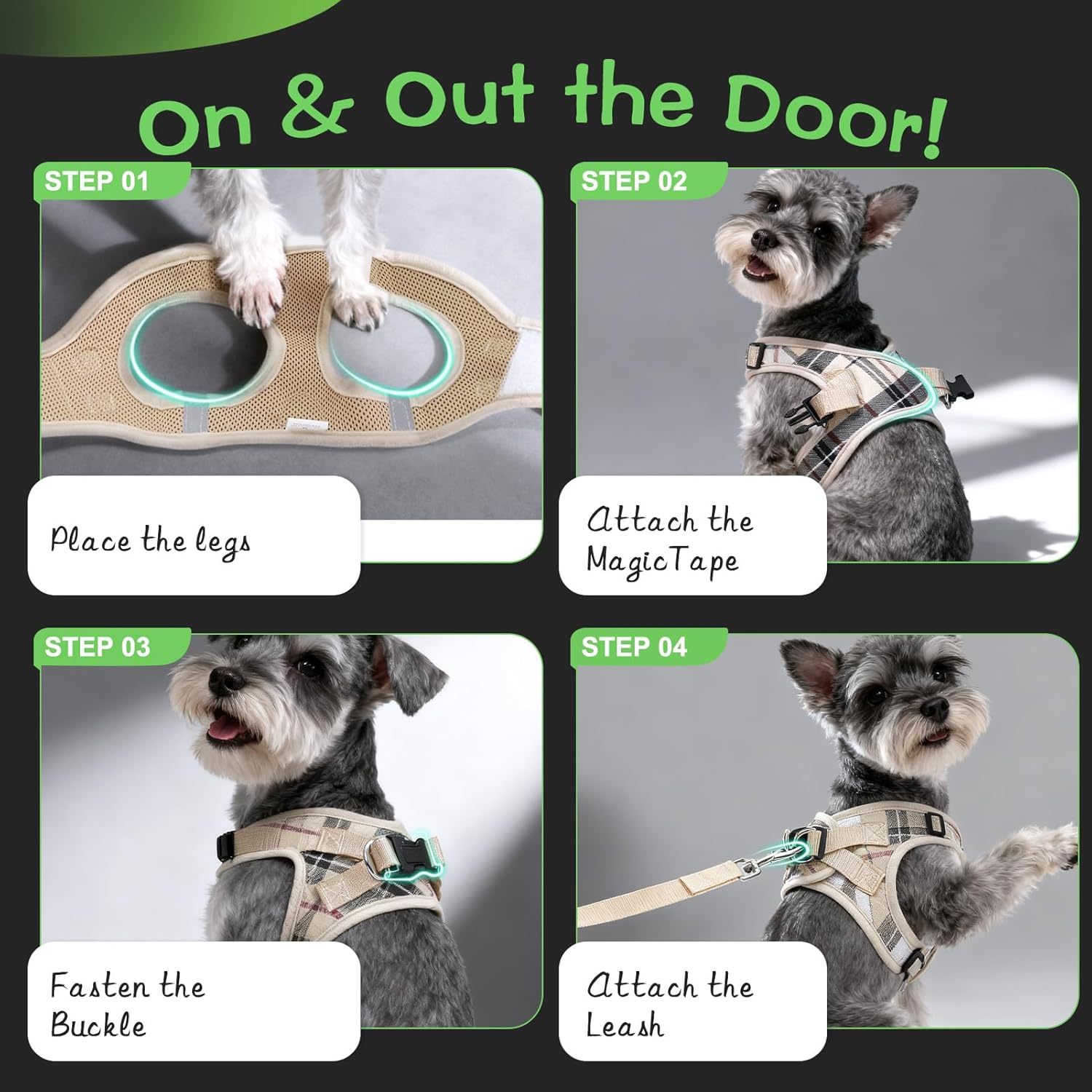 EXPAWLORER Plaid Small Dog Harness and Leash Set with AirTag Holder - No Pull Soft Padded Step in Dog Vest Harness Medium Sized Dog, Reflective Puppy Harness, Collar and Leash for Walking, Khaki S - Image 5