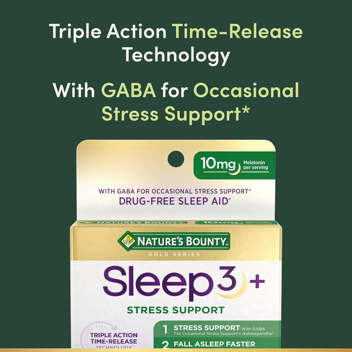 Nature's Bounty Sleep + Stress Support, Sleep3 Maximum Strength 100% Drug Free Sleep Aid, Dietary Supplement with Ashwagandha, Time Release Technology, 10mg, 28 Tri-Layered Tablets - Image 3