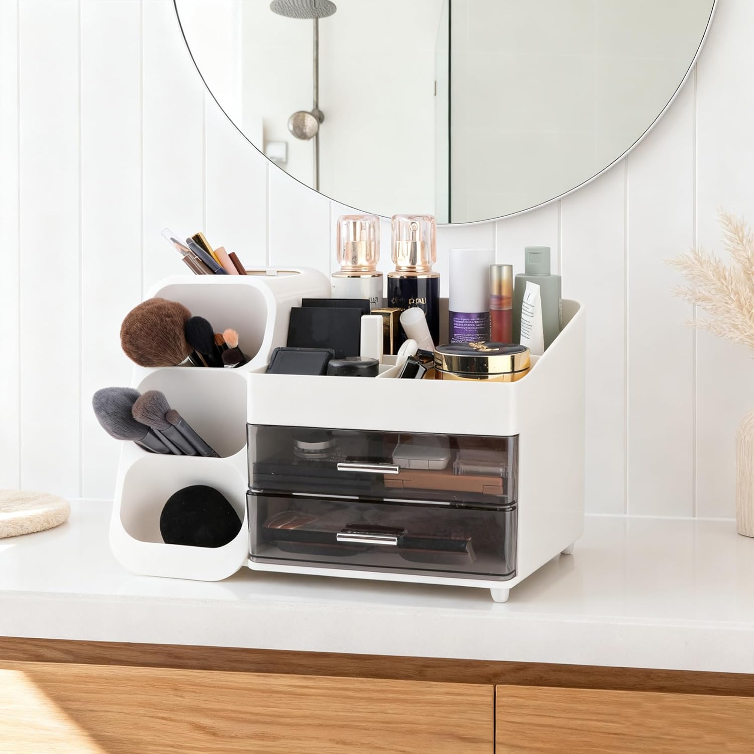 Homeanda Makeup Organizer with Drawers – Large Cosmetic Storage Box for Vanity, Bathroom, or Bedroom, Perfect for Skincare, Brushes, Lipstick, Eyeshadow,and Beauty Essentials (White) - Image 3