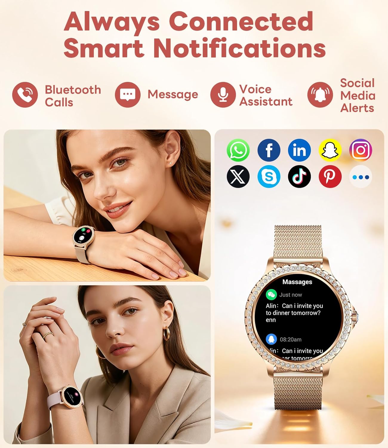 Smart Watch for Women Diamond, Bluetooth Calls, 1.32-inch HD Screen Round Fitness Tracker with Menstrual Cycle/Sleep/Heart Rate Monitor, 100+ Sports Mode, Android/iOS Phone, Rose Gold - Image 4