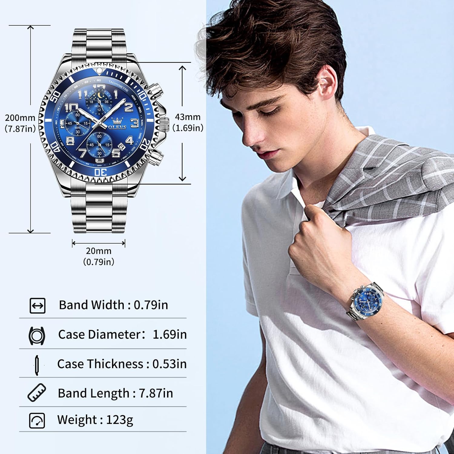 OLEVS Watches for Men Stainless Steel Dress Men Watch with Date Big Face Chronograph Waterproof Luxury Fashion Watch Blue/Black/Gold/Green/Silver Face Relojes para Hombres - Image 3