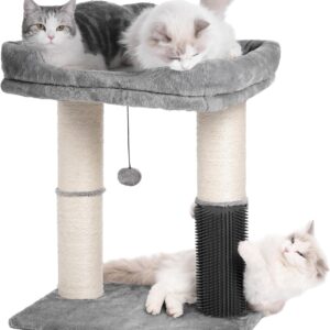 Cat Tree Tower for Large Cats Cat Scratching Post with 20×15.7”Wide Top Bed, Self Groomer, Thick Scratch Post [Dia=4.5”] and Danging Ball Great for Indoor Cats-Large Grey