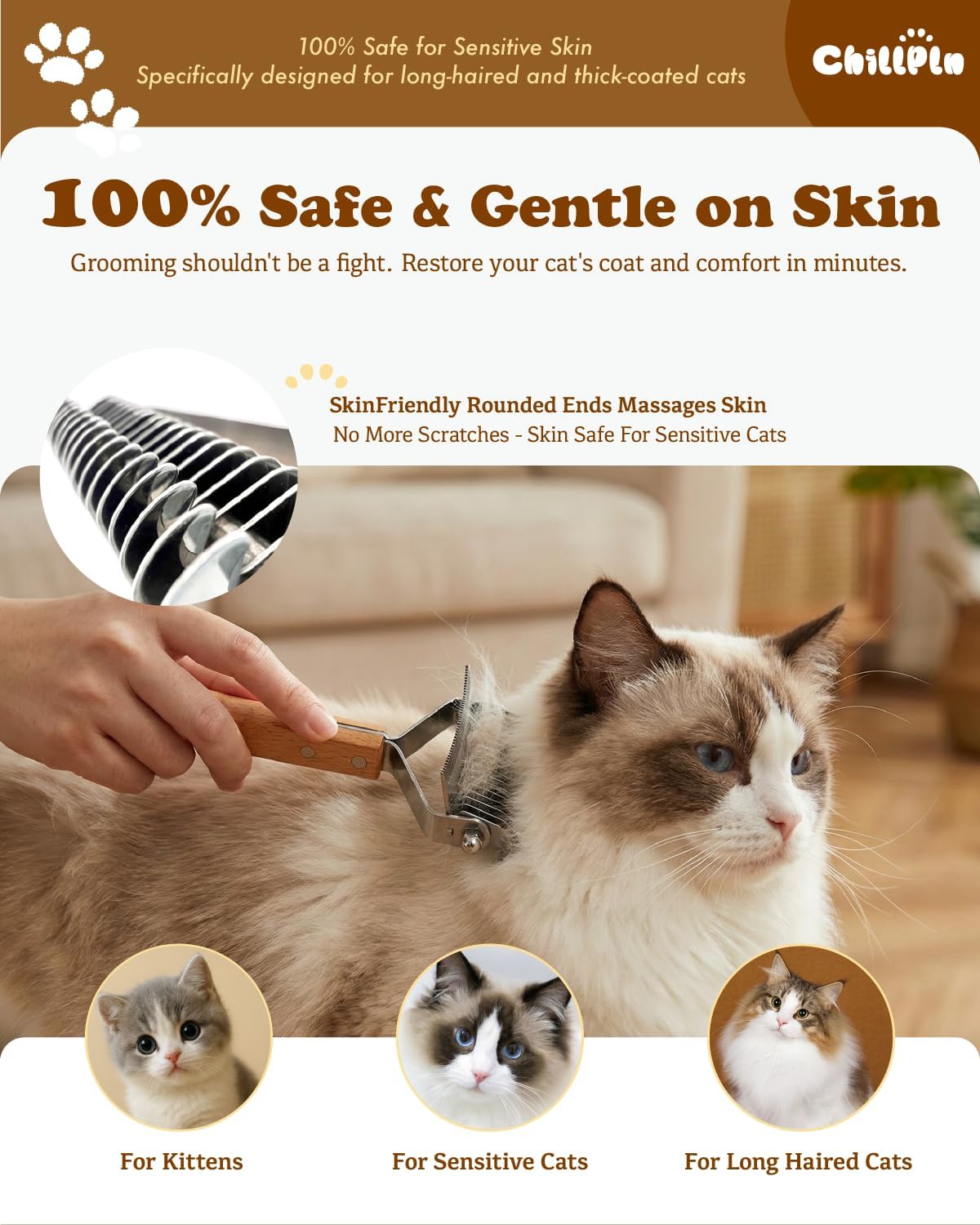 Cat Brush for Long Haired Cats - Double Sided Dematting Undercoat Rake for Persian, Ragdoll, Maine Coon - Professional Grooming Tool to Remove Mats, Tangles & Shedding - Skin-Safe Teeth - Image 3