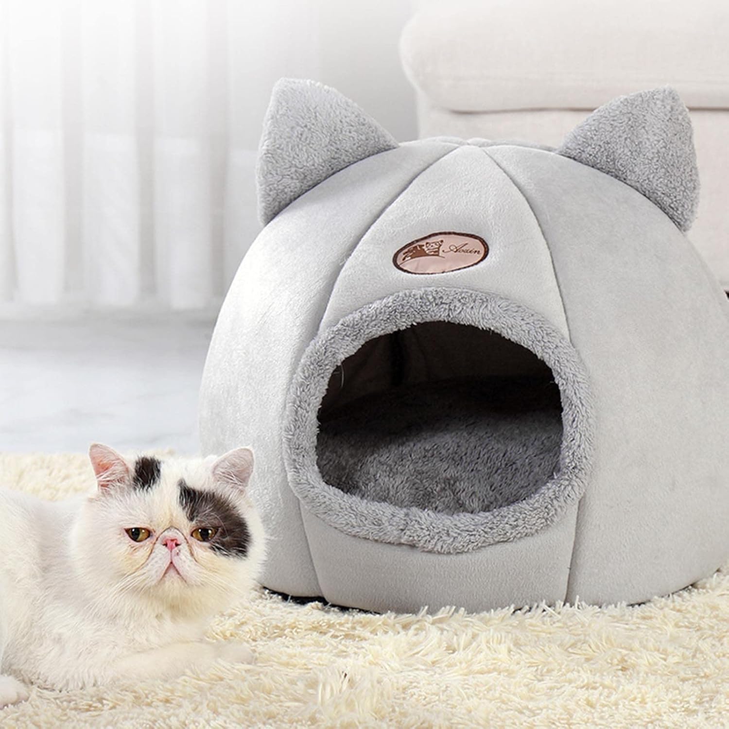 Cat Beds for Indoor Cats, 13 Inch Washable Fluffy Soft Cute Cat Bed Cave with Removable Cushion,Round Plush Faux Fur Self Warming Cat Bed for Small Medium Dogs Puppy Kitten Kitty Supplies - Image 6
