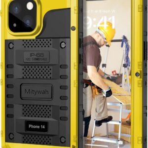 Mitywah Waterproof Case for iPhone 14, Heavy Duty Shockproof Case with Built-in Screen Protector, Full Body Underwater Protective Metal Case 6.1 inch, Yellow