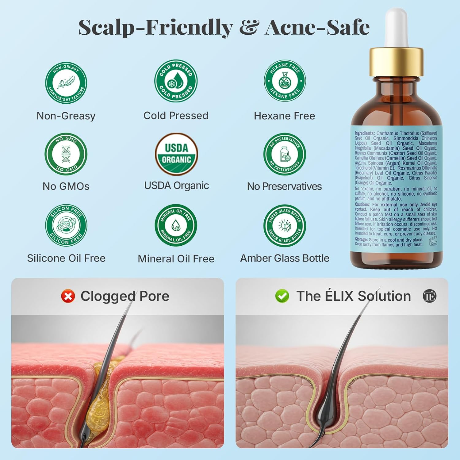 USDA Organic Hair Oil for Frizzy Hair with Argan Jojoba & Castor | Frizz Control Hair Treatment for Curly Hair | Hair Serum & Moisturizer for Dry, Damaged Hair | Cold Pressed Hair Products for Women - Image 3