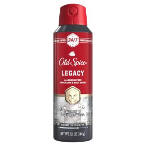 Old Spice Aluminum Free Body Spray for Men, 24/7 Signature Scent & Lasting Freshness, All-Day Odor Protection, Easy Application, Legacy with Coconut, Pine & Cedar Scent, 5.1 oz