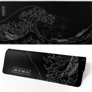 Japanese Gaming Mouse Pad Black Mouse Pad Kanagawa Large Mousepad Non-Slip Rubber Base Waterproof with Stitched Edges for Gaming Office Home, 31.5×11.8 Inch (Black Wave)