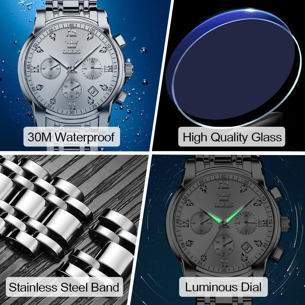 OLEVS Men's Stainless Steel Chronograph Watch, Big Face Gold Silver Black Tone Easy to Read Analog Quartz Watch, Luxury Waterproof Date Diamond Roman Arabic Numerals Dial Dress Watch for Men - Image 5