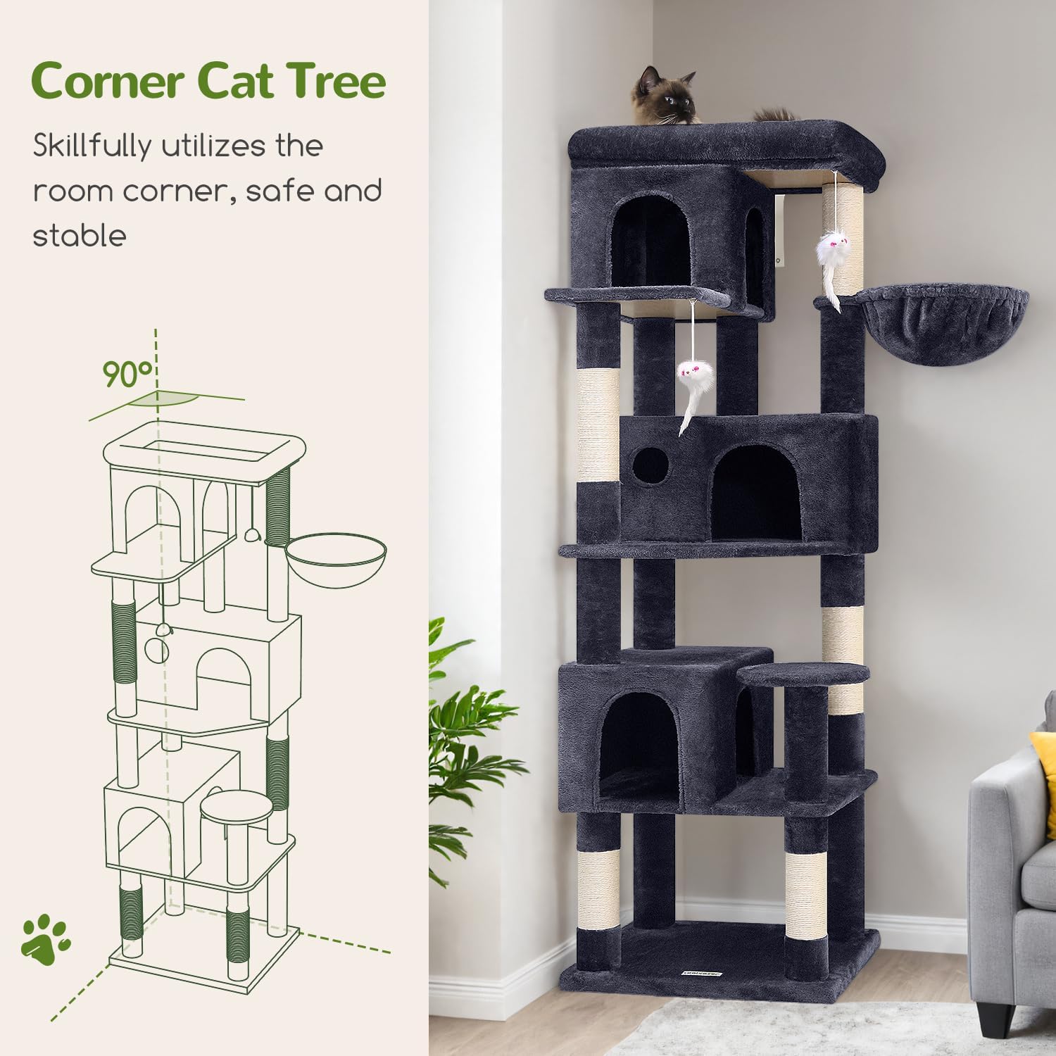 Globlazer Corner Cat Tree 66 inch Multi-Level Climbing Tower Kitty Condos Cat Scratching Tower for Indoor Multiple Cats with Large Platform, 3 Cat Caves, F66, Dark Grey - Image 5