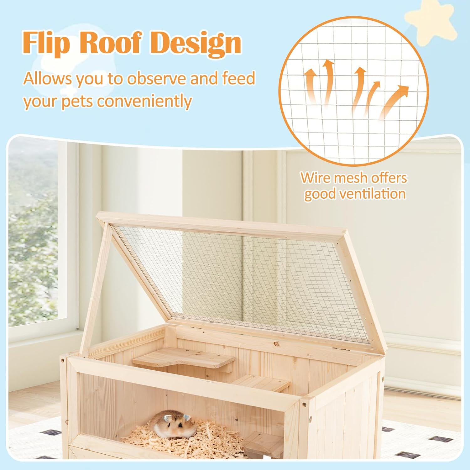 PETSITE 31.5 Inches Freestanding Wooden Hamster Cage, Chew-Proof 2-Layer Hamster House with Full Transparent Viewing, Flip-Top Roof, and Storage Shelf, Ideal for Dwarf Hamster and Gerbils - Image 5