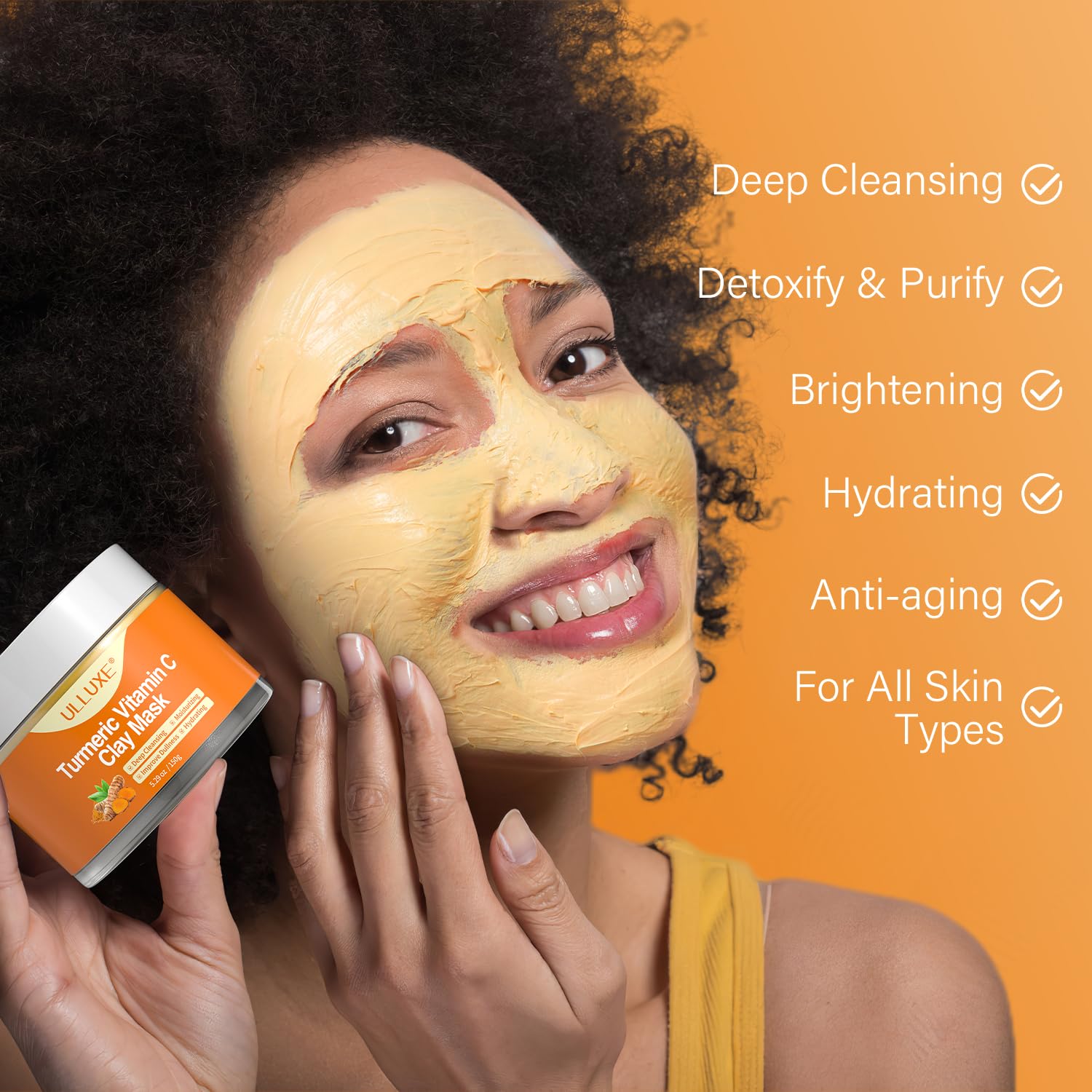 ulluxe Turmeric Vitamin C Clay Mask for Dark Spots, Dull Skin, Moisturizing, Skincare Facial Mask for Blackheads and Pores Cleansing, Improve Uneven Skin Tone, Face Skincare Gift, 5.29 oz - Image 4