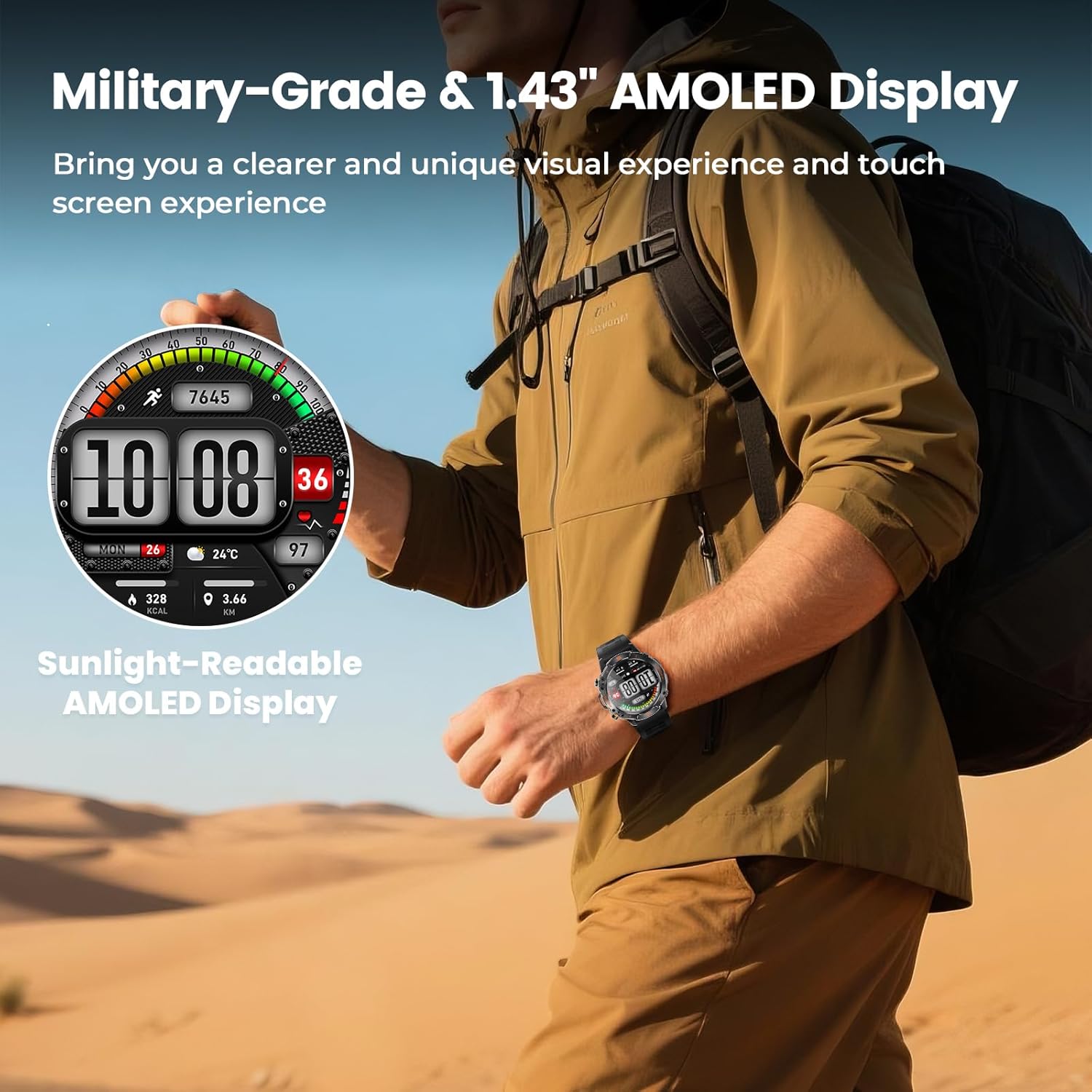 WalkerFit Outdoor Smart Watch for Men, 1.43" AMOLED Black Silicone Band, 5ATM Waterproof for Hiking Climbing Trail Run Swim, 170+ Sports, Compass Heart Rate SpO2, Adventure Watch for iPhone Android - Image 6