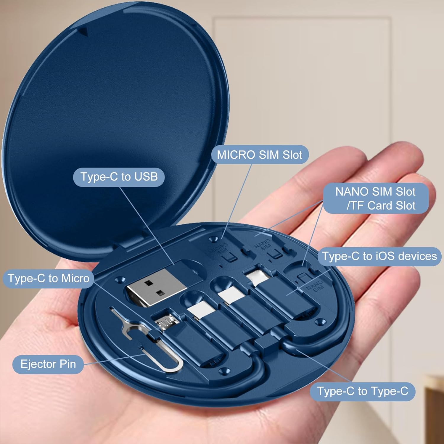 USB to USB-C Adapter, USB C Charging Cable Adapter Kit Contains Multiple OTG Adapters for USB Type C/USB A/USB C Male Cable/Micro USB, Equipped with SIM Extractor/SIM Slot/Phone Holder (Blue) - Image 3